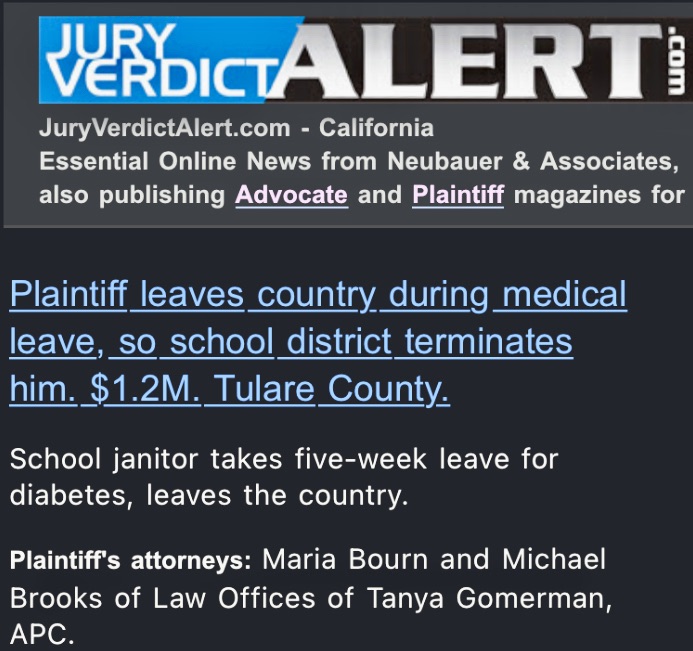 Tulare County Jury Awards $1.28 Million in Wrongful Termination Case