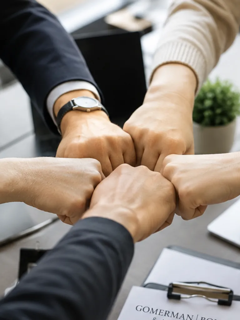 Attorneys, paralegals, and legal assistants at Gomerman | Bourn & Associates joining fists together as a team over a firm notepad