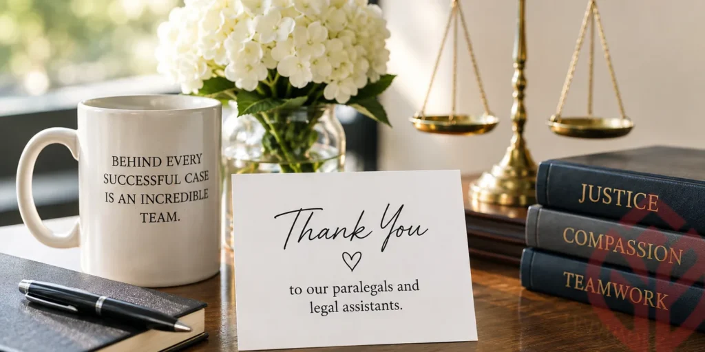 Thank-you card to paralegals and legal assistants with flowers, scales of justice, law books, and a subtle Gomerman | Bourn & Associates emblem