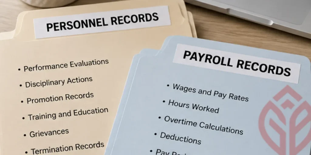 Personnel records and payroll records folders on a desk, with a subtle Gomerman | Bourn & Associates emblem