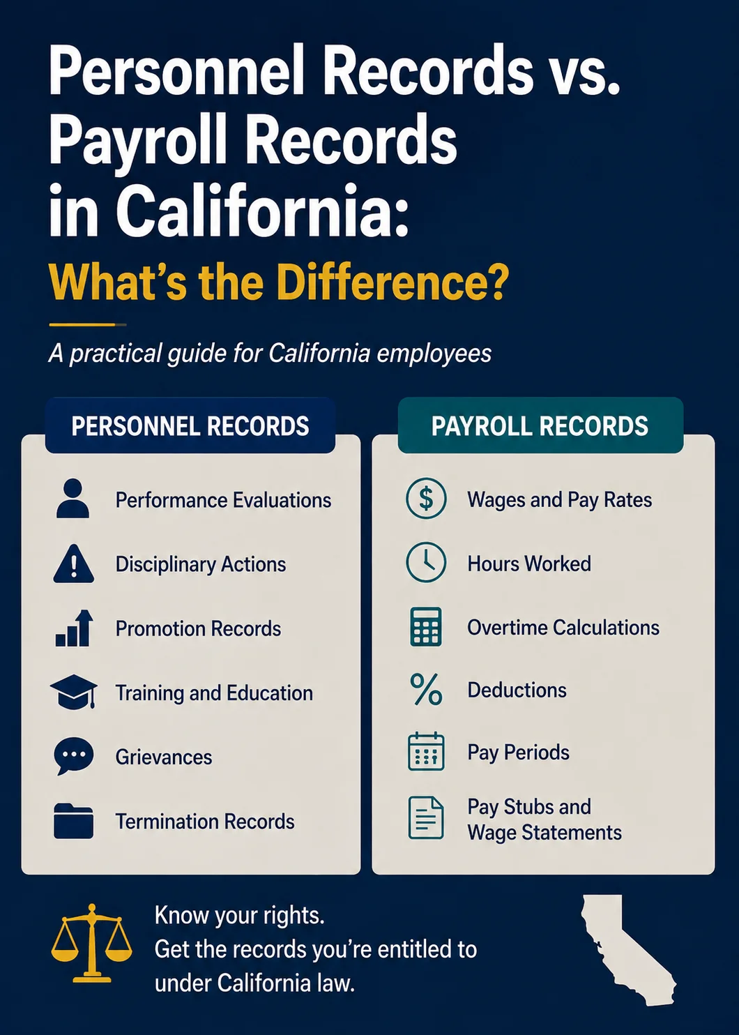 Infographic comparing California personnel records (performance evaluations, disciplinary actions, promotion records, training, grievances, termination records) with payroll records (wages and pay rates, hours worked, overtime calculations, deductions, pay periods, pay stubs and wage statements)
