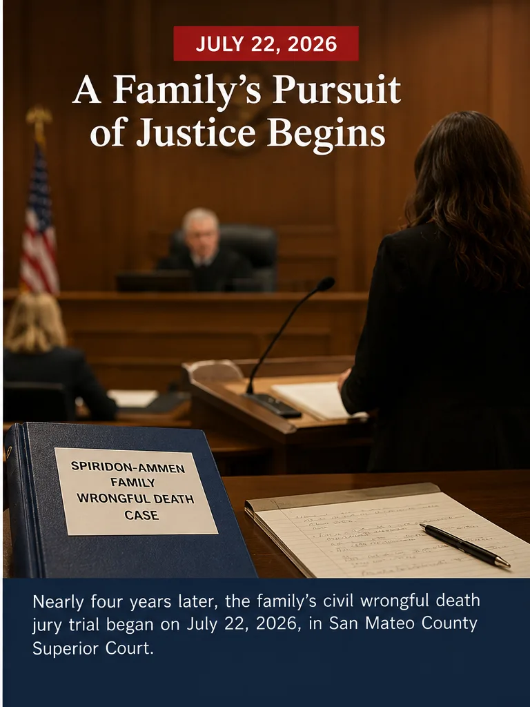 The Spiridon and Ammen family wrongful death case reaches a San Mateo County courtroom on July 22, 2026